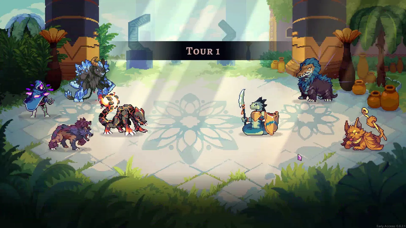 Combat Aethermancer : Tour 1, trois monstres alliés face à trois ennemis sur arène de mosaïque