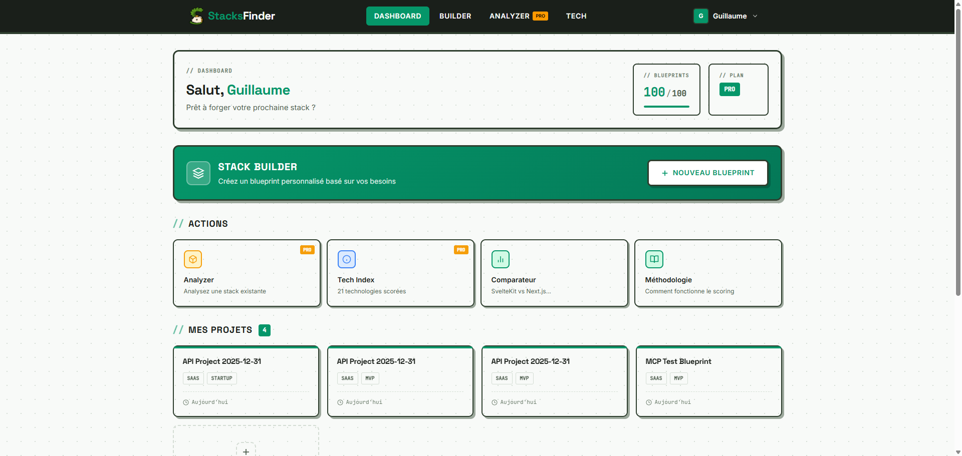 Tableau de bord de StacksFinder.
